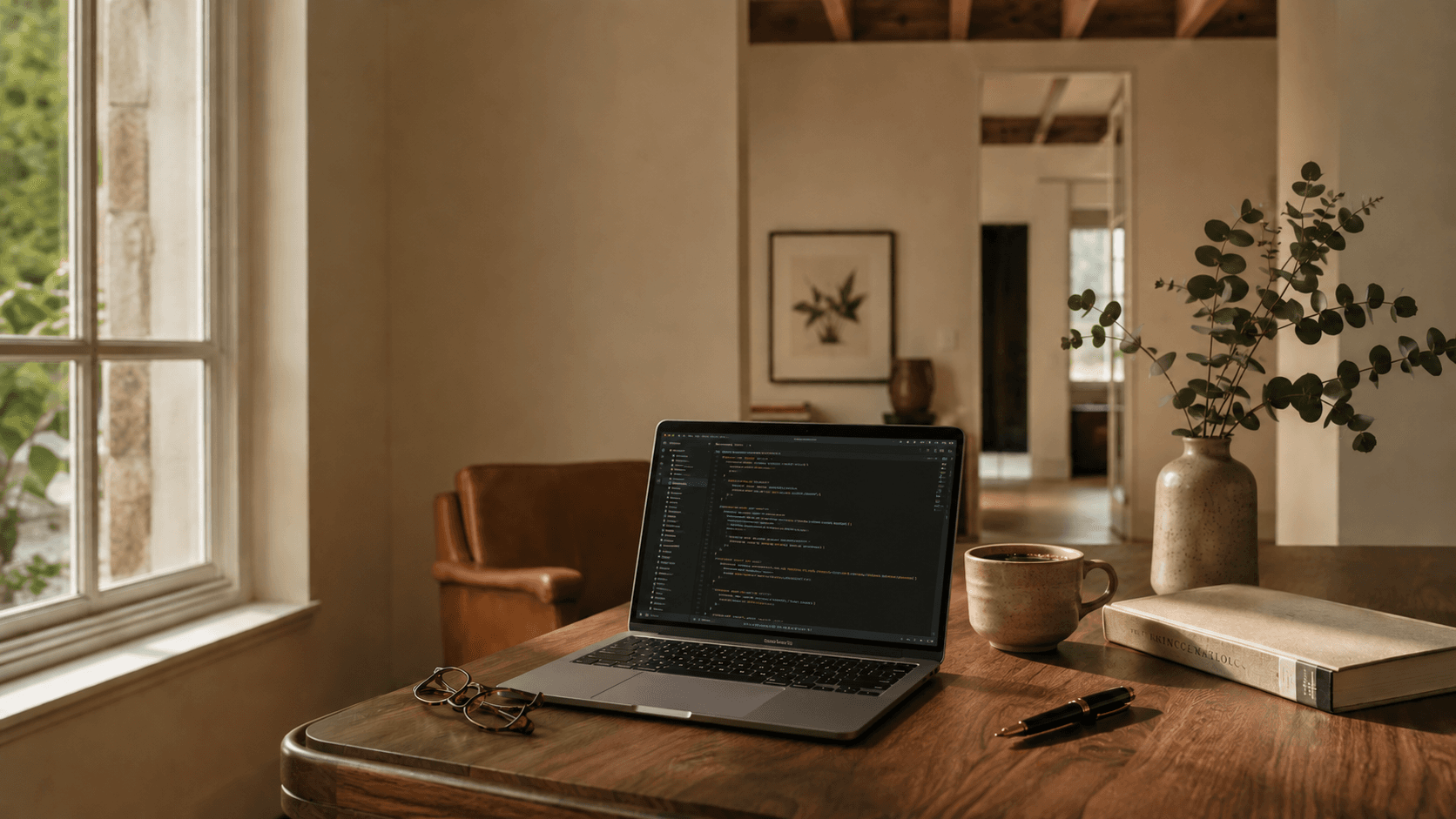 Editorial photograph of a quiet workspace with laptop, coffee cup and eucalyptus